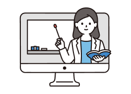 女性講師の講義動画がモニターに映し出されている様子のイラスト