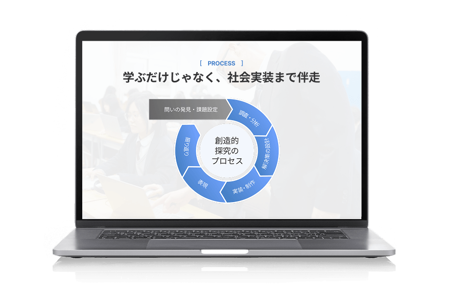 ノートパソコンに創造的探究のプロセスの図解が表示されている様子